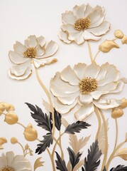 A white wall adorned with artistic gold and black flowers, adding elegance and charm to the space.