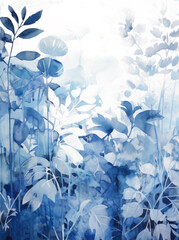 A painting featuring delicate blue and white flowers against a clean white background, creating a striking contrast in colors.