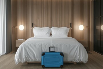 Modern Luxury Hotel Room with a Blue Suitcase at the Foot of a Neatly Made Bed