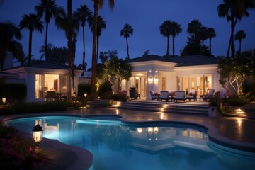 Luxury hotel swimming pool at night with palm trees and elegant lighting setting