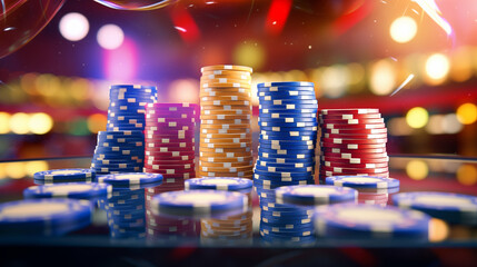 Fichas de Poker amarillas, azules y rojas sobre una mesa en un casino elegante. Apuestas y diversión. Creado con IA - obrazy, fototapety, plakaty