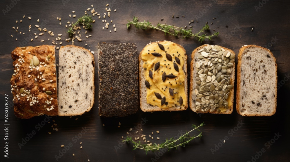 Poster Generative AI Seeded multigrain bread slices, highlighting the variety of grains and seeds within each slice