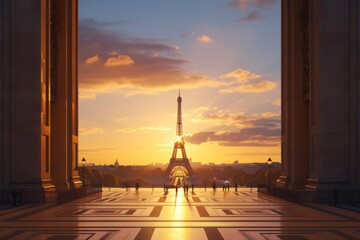 Sunrise Over Trocadero Square with the Eiffel Tower in Paris, France - obrazy, fototapety, plakaty