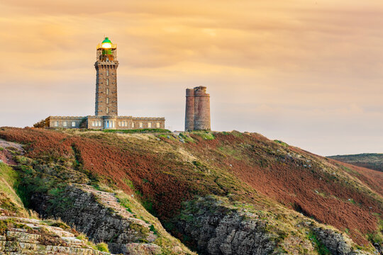The Cap Frehel Lighthouse at sunset in Bretagne, France