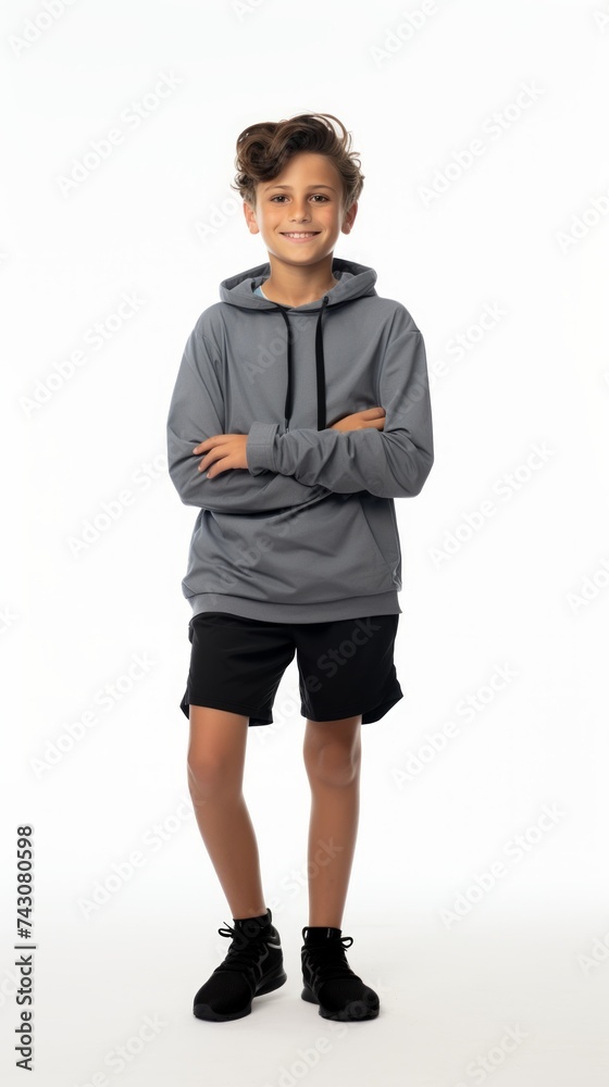 Poster stock image of a boy in sportswear against a plain white background generative ai