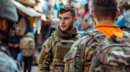 Young soldier in urban environment on patrol duty, surrounded by civilians and fellow servicemen. contemporary military attire. AI - obrazy, fototapety, plakaty