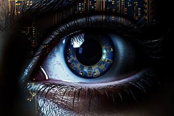 An eye with intricate circuitry patterns, blending biology and technology. Golden lines surround the iris, suggesting cyborg themes.
