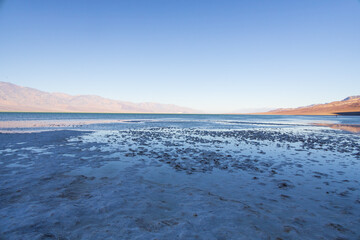 Lake Manly and salt flats at Badwater Basin in Death Valley National Park, California
