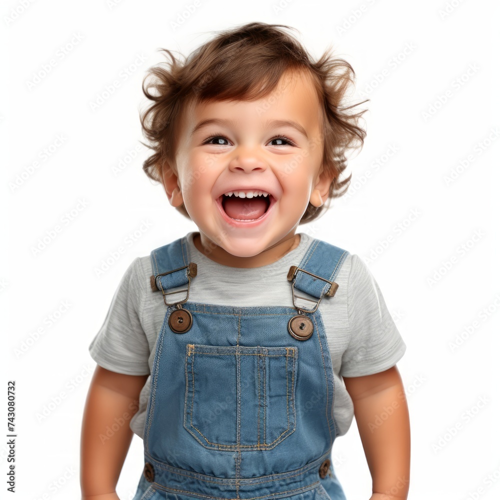 Poster stock image of a child wearing denim overalls on a white background generative ai