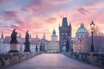 Papier Peint photo Pont Charles Sunrise Over Charles Bridge and the Iconic Old Town Bridge Tower in Prague, Czech Republic