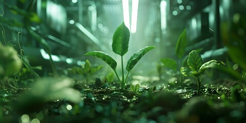 Lone seedling thrives in a lush greenhouse environment. nature merges with technology. ideal for eco-themed projects and backgrounds. high-quality image. AI
