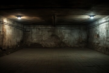 An aged, dimly lit basement with two ceiling lights, worn walls, and a tiled floor.