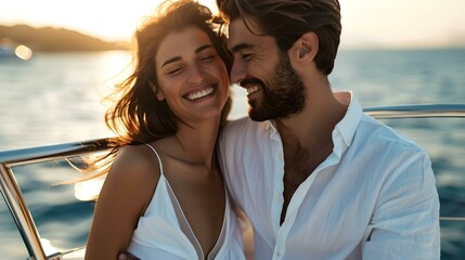 Happy couple embracing on a boat at sunset, casual style, romantic getaway concept. intimate moment captured in a warm light. AI