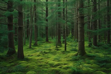 Obraz premium Serene Pine Forest at Dusk with Lush Ground Vegetation