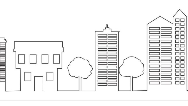 Simple Cityscape Outline Loop Animation On white background. Animated City and Buildings Landscape Line illustration. 