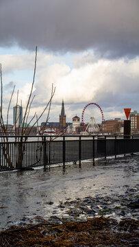 Dusseldorf during high tide of Rhine River. High quality photo