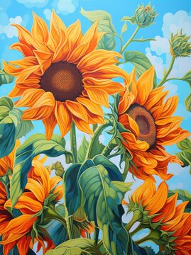 A painting depicting vibrant sunflowers against a striking blue background, showcasing bold colors and intricate details in the floral arrangement.