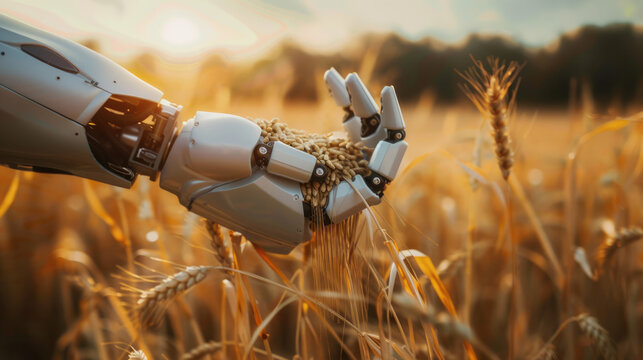 Robotic hands holding wheat grain, organic future agricultural harvest seed concept	
