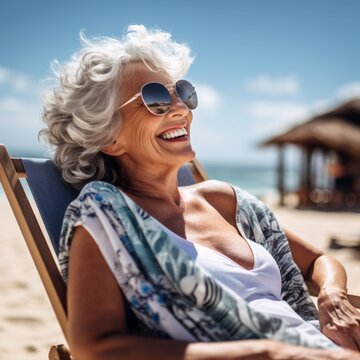 Stock image of a senior woman enjoying a day at the beach, relaxing and soaking up the sun Generative AI