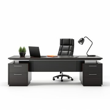 Stock image of a sleek executive desk on a white background, spacious, professional workspace Generative AI