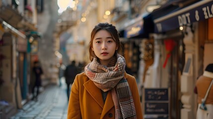 Fototapeta premium Young woman in a stylish yellow coat wandering through a quaint european alley. casual urban exploration. contemporary fashion. AI