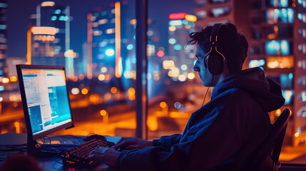 Remote worker sits at a computer against the backdrop of a colorful night city.