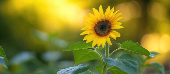 A vibrant yellow sunflower with green leaves in the foreground. The sunflowers bright color contrasts with the green foliage, creating a striking visual. The blurred background enhances the focus on