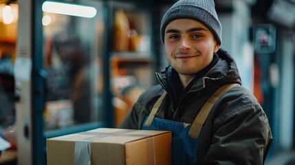 Portrait of a smiling delivery man holding a package on a bus. casual style, urban setting, occupational theme. AI