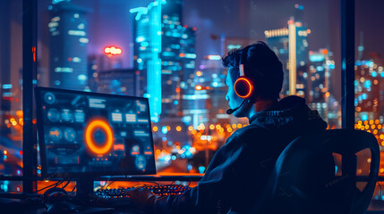 Remote worker wearing headphones sits at a computer against the backdrop of a colorful night city.