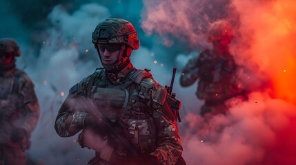 Fototapeta premium Intense depiction of soldiers in a smoky battlefield environment. military uniform, tactical gear, dramatic lighting. ideal for action-themed projects. AI