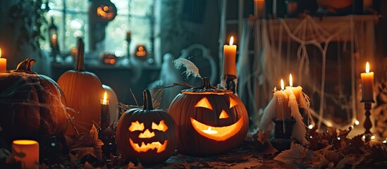 A group of carved pumpkins with flickering candles and mystical potions, sitting on top of a table inside a witchs home.