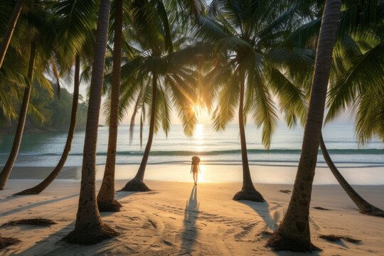 Serene Sunset at Pantai Cenang Beach with a Lone Woman Walking Along the Shoreline, Langkawi, Malaysia