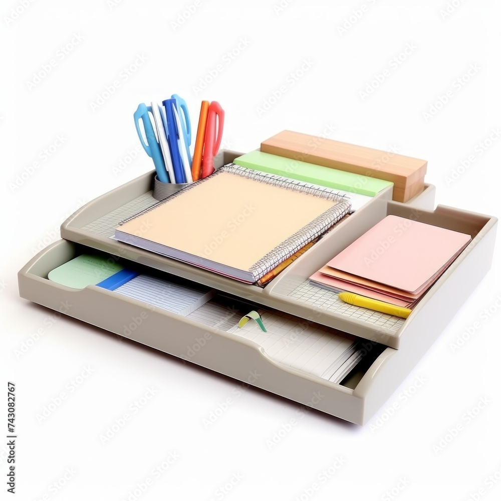 Poster stock image of an office desk tray on a white background, organized, storage for papers and files ge