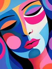 Fototapeta premium A painting featuring a womans face at the center, surrounded by vibrant and colorful circles in varying sizes, creating a dynamic and eye-catching composition.