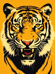A detailed view of a tigers fierce face, with striking orange and black stripes, set against a vibrant yellow backdrop.