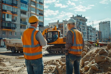 Witness a scene at the construction site where a Caucasian male real estate investor and civil engineer engage in a discussion about building progress