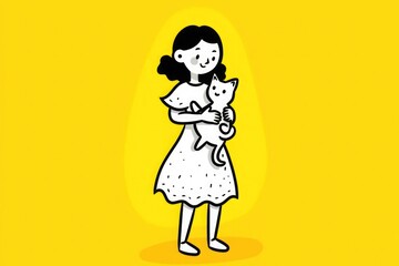 Fototapeta premium Black and white illustration of a smiling young girl hugging her white cat, against a vibrant yellow backdrop, evoking joy.
