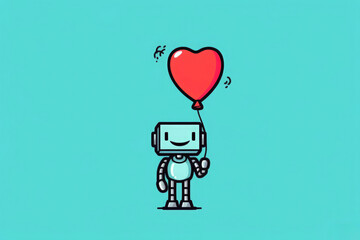 Friendly robot with a heart-shaped balloon evokes whimsy and technology on a serene teal backdrop.