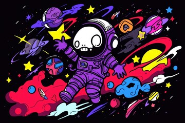 Vibrant space-themed artwork with a playful astronaut surrounded by colorful planets, stars, and nebulas in a whimsical cosmic scene