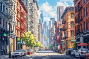 Bustling Broadway Street Scene in SoHo with Historic Architecture and Urban Activity, New York City - obrazy, fototapety, plakaty