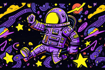 Lively digital with an astronaut floating joy among vibrant planets, stars and cosmic elements in a deep space backdrop.