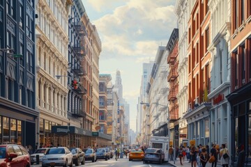 Bustling Broadway Street Scene in SoHo with Historic Architecture and Urban Activity, New York City