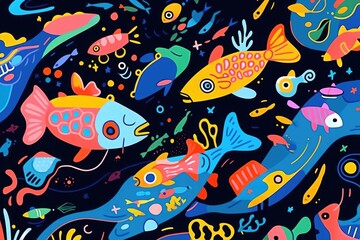 Whimsical underwater illustration filled with vibrant cartoon fish, playful corals, and lively seabed elements on a navy backdrop.