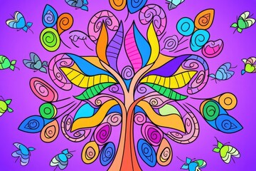 Surreal vibrant tree with swirling patterns and playful butterflies on a mesmer violet gradient backdrop.