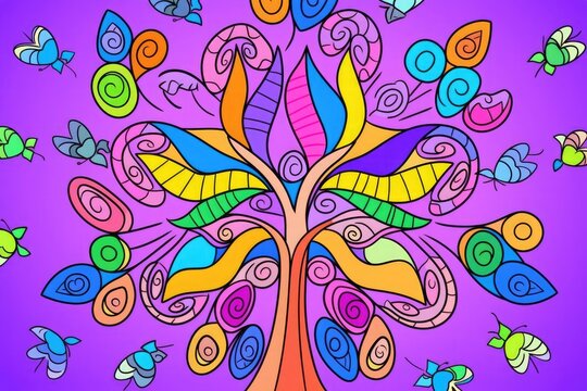 Surreal vibrant tree with swirling patterns and playful butterflies on a mesmer violet gradient backdrop.