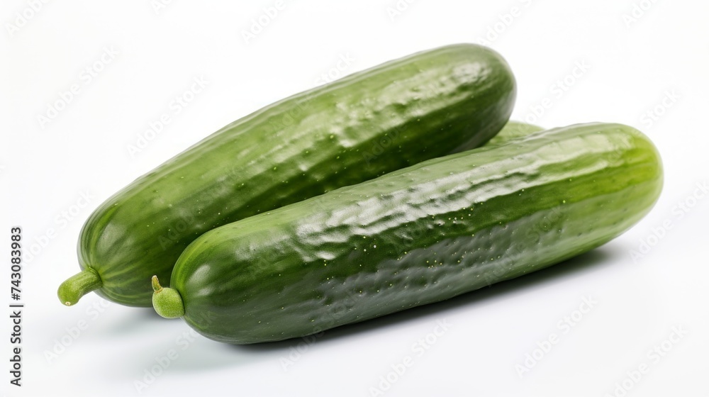 Poster Three fresh cucumbers captured in a close-up realistic photo against a white background Generative AI