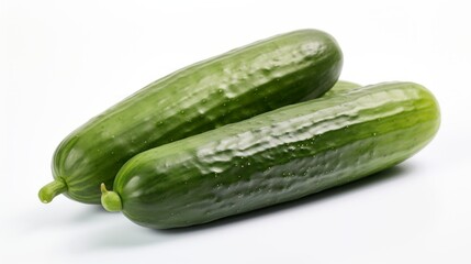 Three fresh cucumbers captured in a close-up realistic photo against a white background Generative AI