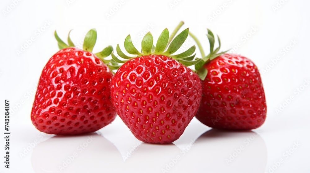 Poster Three vibrant red strawberries captured in a close-up realistic photo against a white background Generative AI