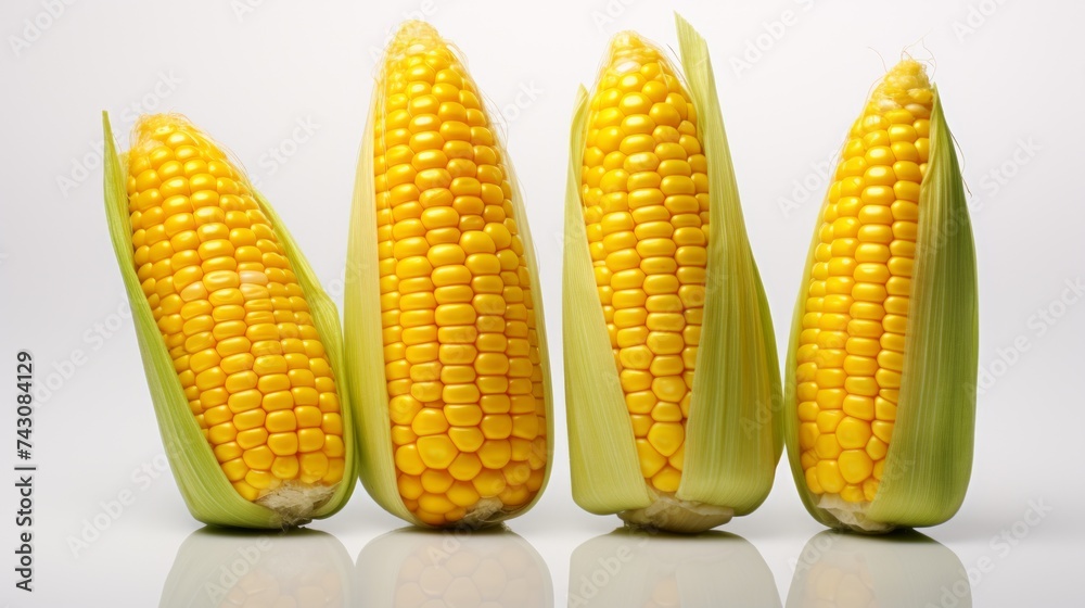 Poster yellow corn kernels captured in a close-up realistic photo against a white background Generative AI