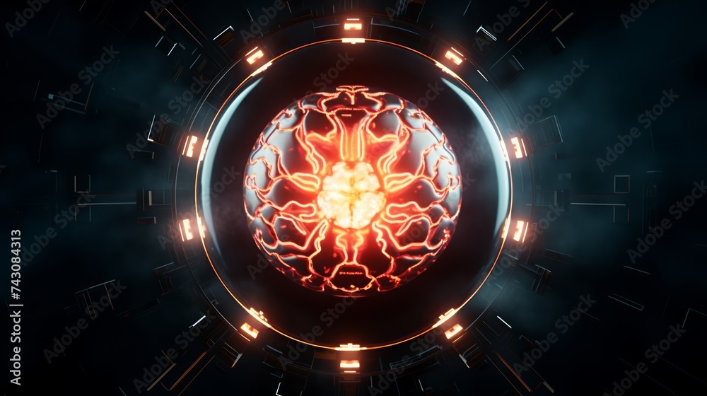 Poster Generative AI Top-view perspective of an AI brain as a pulsating orb of light, symbolizing its cognitive and learning capacities.